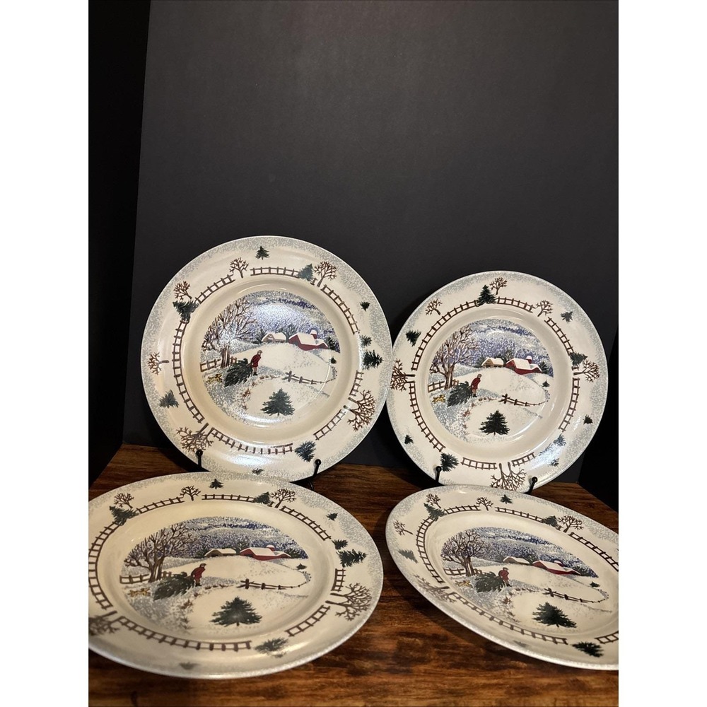 Tienshan Folkcraft Winterside Winter Side,  Dinner Plates Set of 4 VTG 10 3/8"